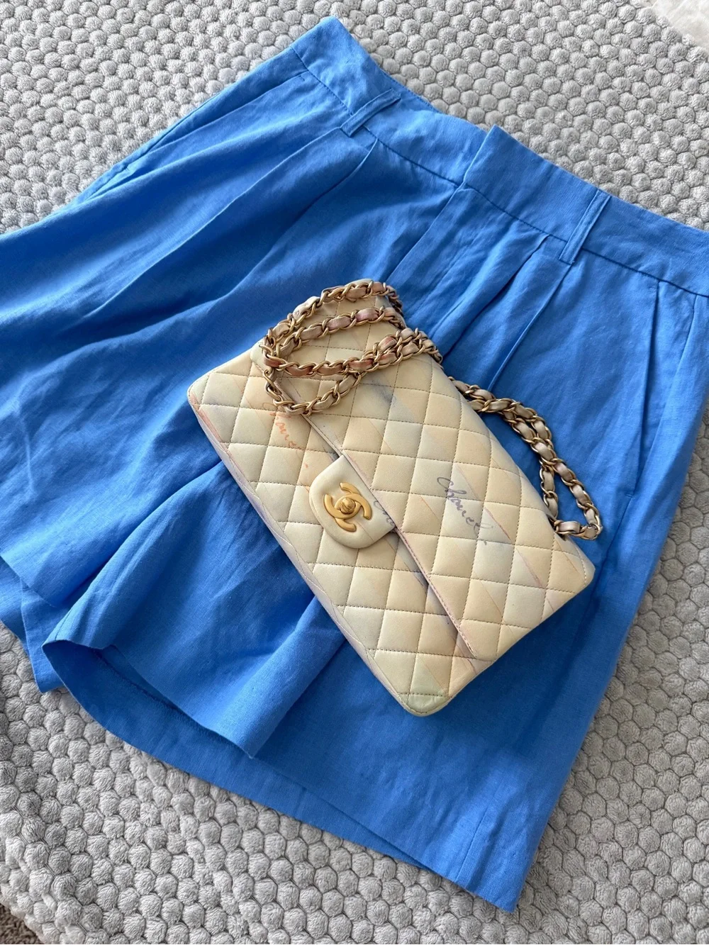 CHANEL Medium Flap Bag Cream Lamb Skin w/ Gold Hardware Rare Watercolor Edition